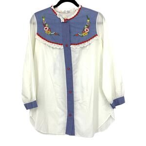 American Vintage White Blouse with Blue Yoke and Floral Embroidery